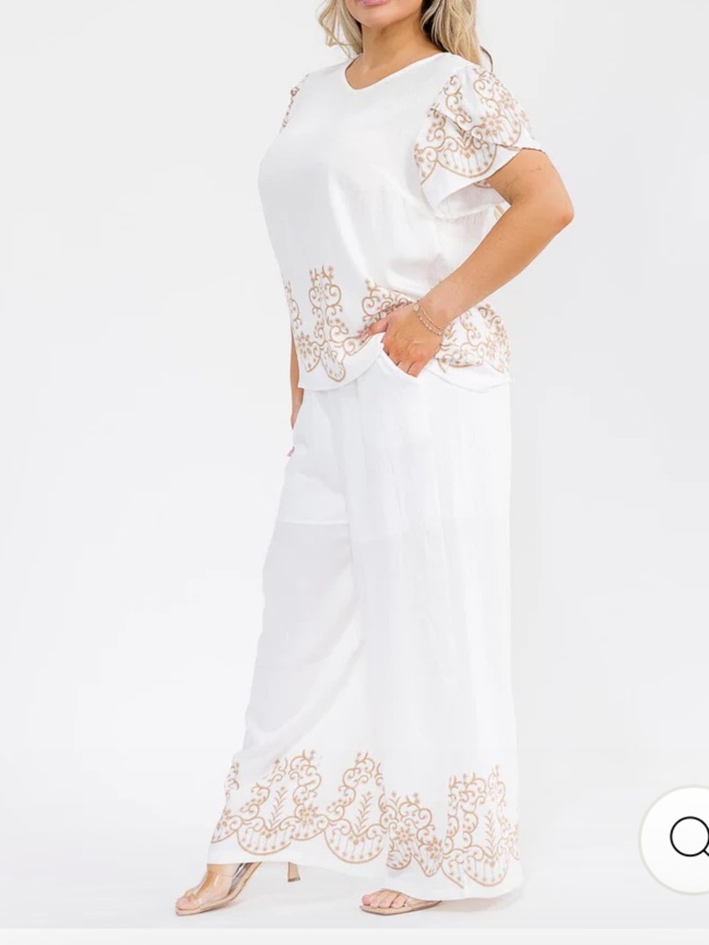 1172.  White Two-Piece Set with Gold Scroll Embroidery